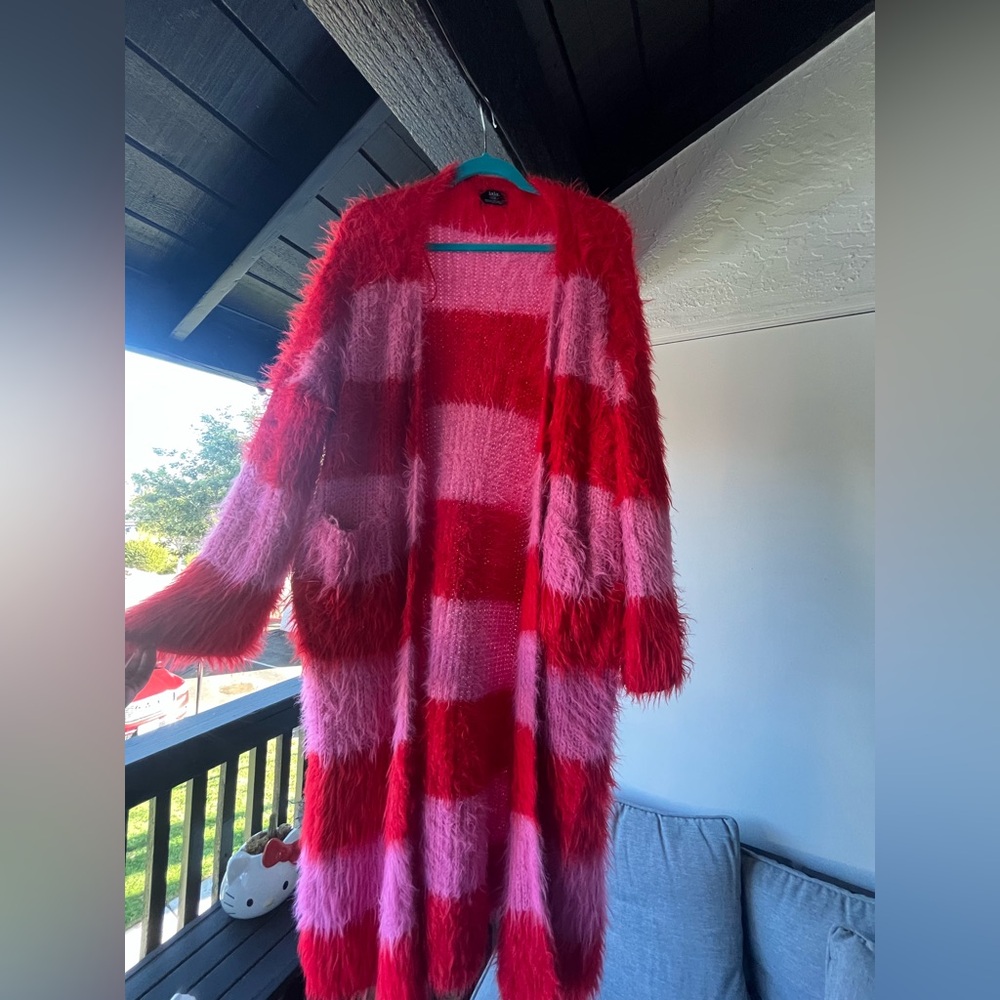 Dressed in LALA Red and Pink Fuzzy Cardigan
